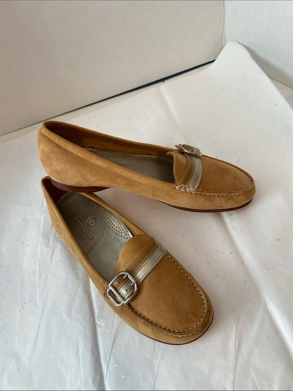 Cole Haan Tan Suede Loafers with Metallic Accent